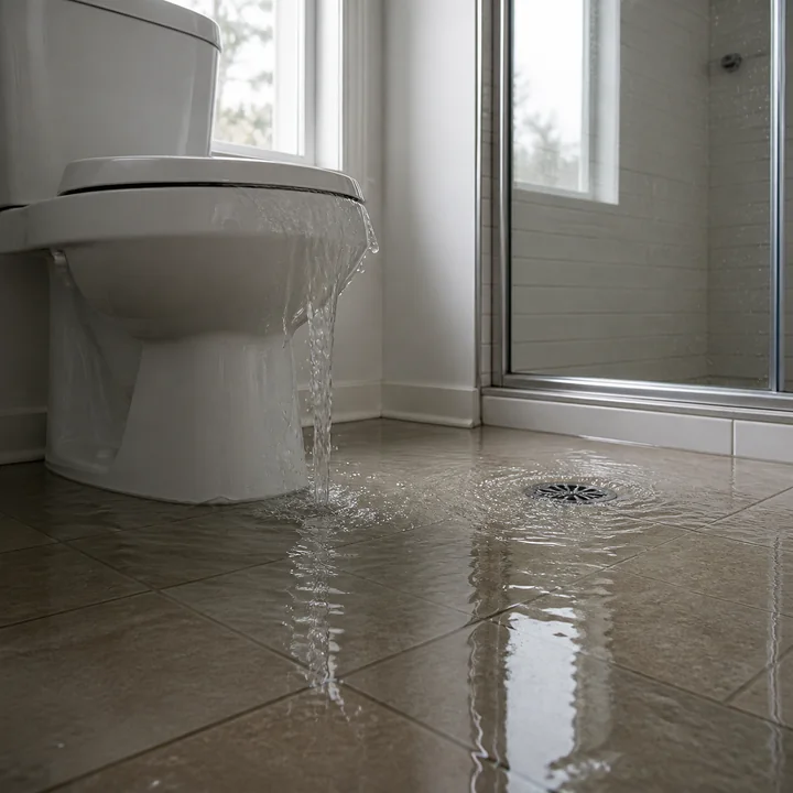 Clear toilet overflow water spreading toward a nearby bathroom floor drain