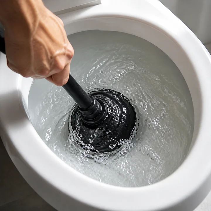 A toilet plunger beside a full residential toilet bowl