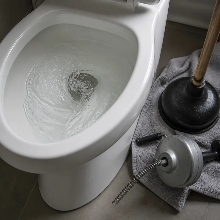 A plunger and toilet auger beside a toilet with high bowl water