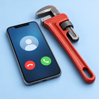 Illustration of a phone and plumbing wrench