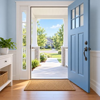 Illustration of an open door and clear route outdoors