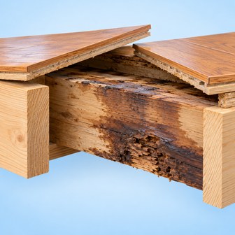 Cutaway illustration of water-damaged floor framing