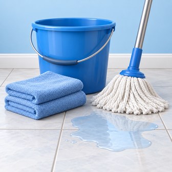 Illustration of a bucket, mop and towels beside clean water