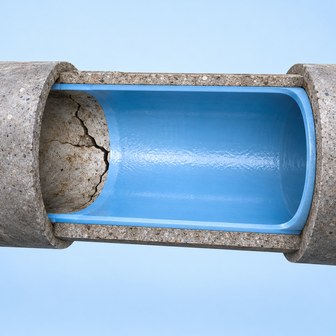Cutaway illustration of a new liner inside an existing pipe