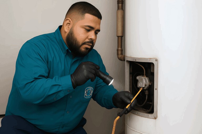 Elite Rooter water heater technician on a service visit