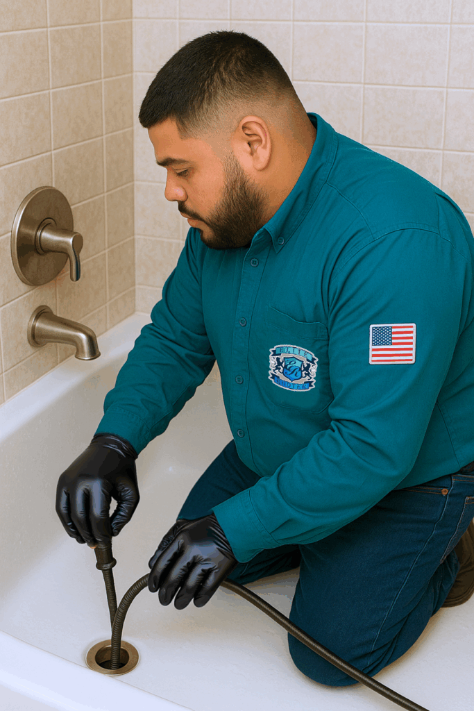 Elite Rooter Technician Cleaning a Bathtub