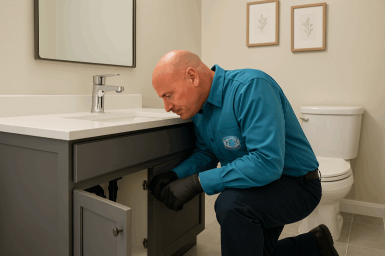Elite Rooter Technician Inspecting the Bathroom's Plumbing