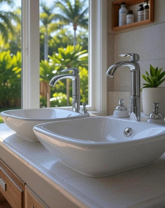 sinks inside a bathroom and palm trees outside the window