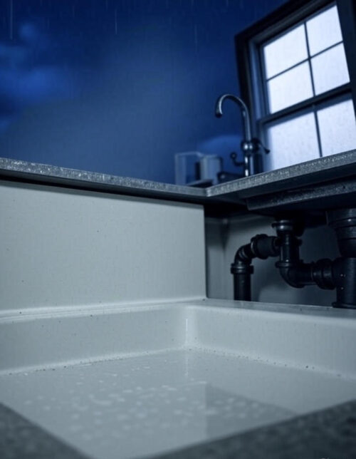 Flooded plumbing while storm can be see through the window